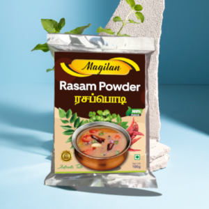 Magilan Rasam Powder, a blend of spices for making the South Indian soup rasam.